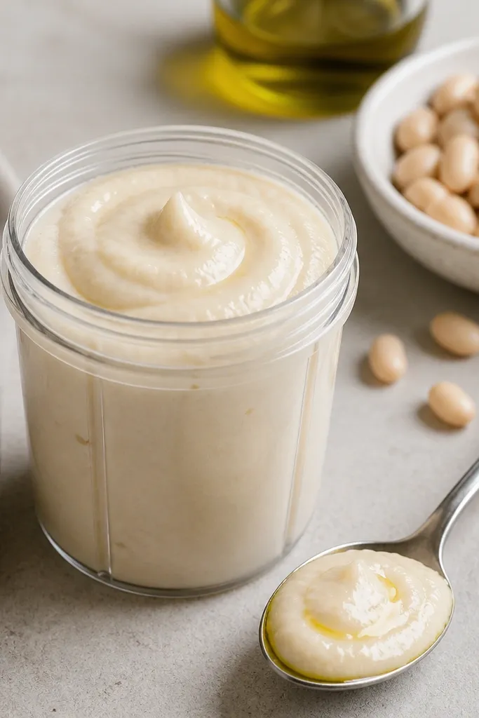 A small blender cup filled with pale cannellini bean puree, thick and smooth. Next to it is a spoon showing the puree's consistency, with a slight sheen from olive oil.