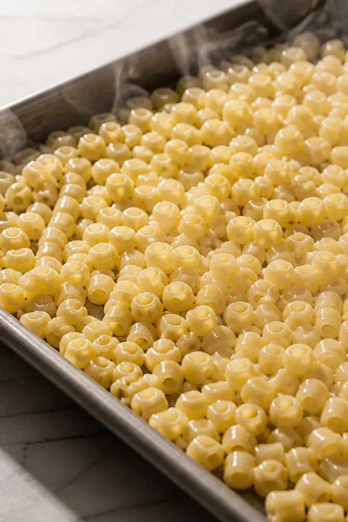 A shallow metal sheet pan with cooked ditalini or small elbow pasta spread in a thin layer. The pasta looks glossy with olive oil, and steam is visible at the edges.