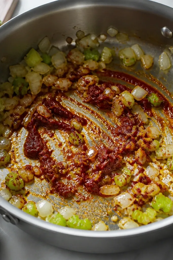 A wide stainless sauté pan with a dark red-brown smear of tomato paste sizzling. Chopped onions and celery are visible around it, with a glossy film forming on the bottom.