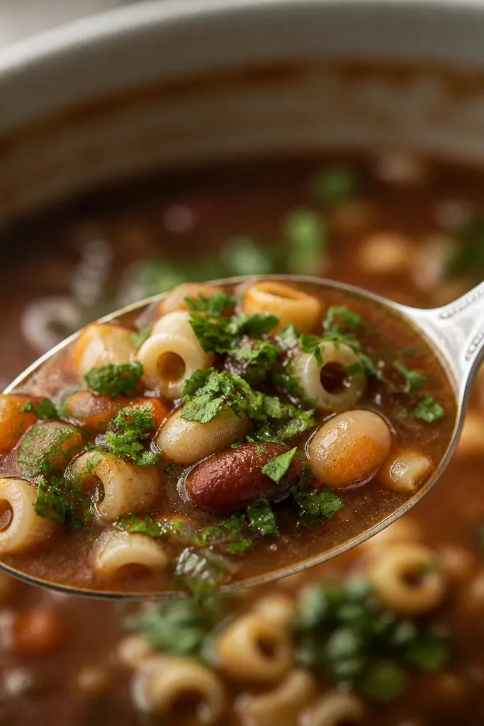 A spoonful of pasta fagioli topped with chopped parsley. The parsley is bright green and sits on top of the dark broth, with a few bean pieces visible beneath.
