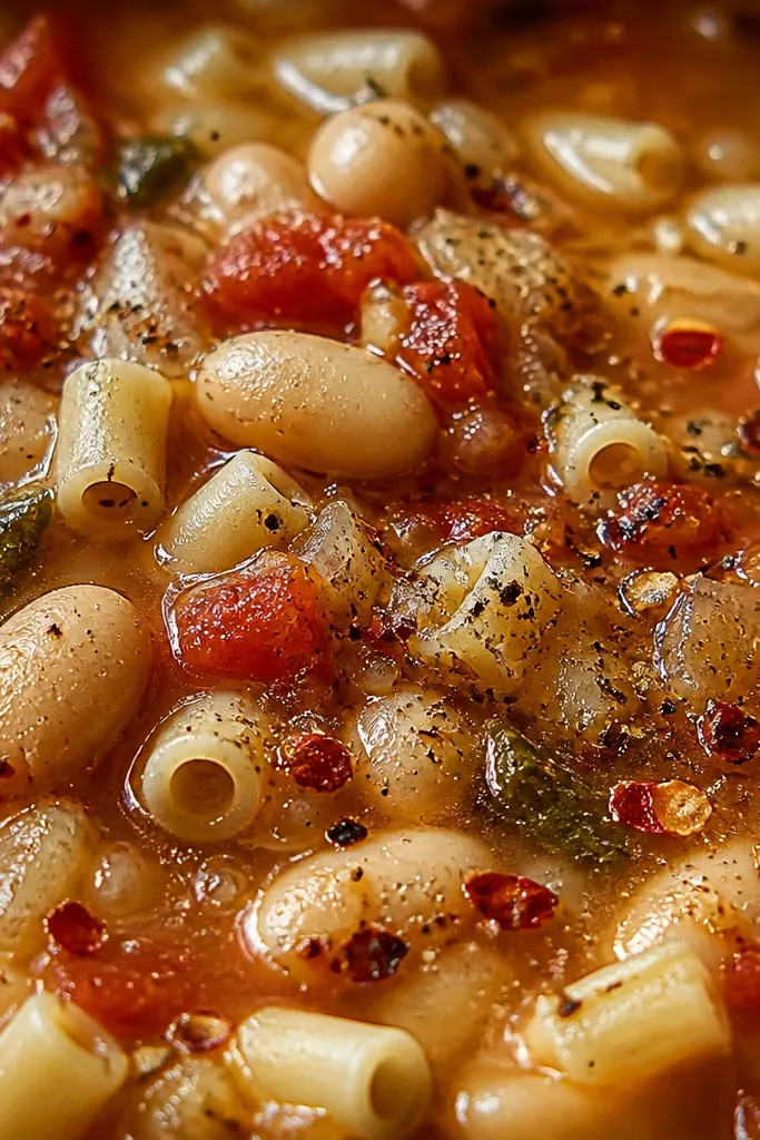 A close-up of the soup surface with red pepper flakes scattered over beans and pasta. Black pepper is freshly cracked, creating tiny dark specks against the glossy broth.