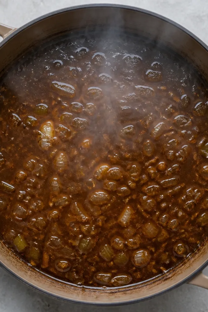 A top-down photo of the pot showing visible onion and celery bits, not fully blended. The broth is dark and thick, and steam rises from the center.