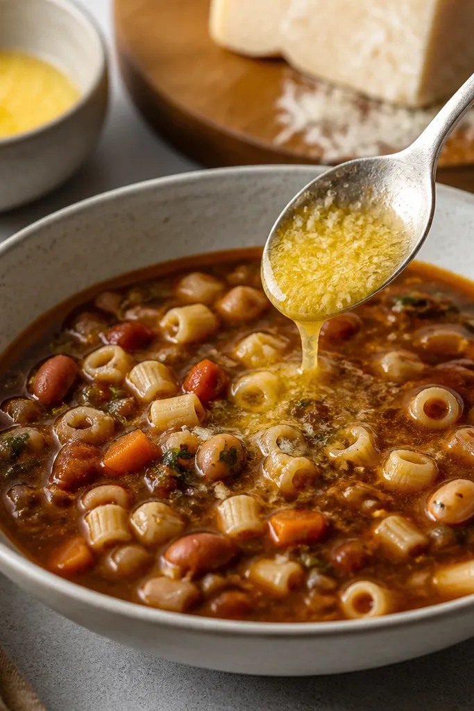 A small bowl of melted butter with grated Parmesan stirred in, then spooned into a bowl of pasta fagioli. You see a light golden sheen streaking across the dark broth.