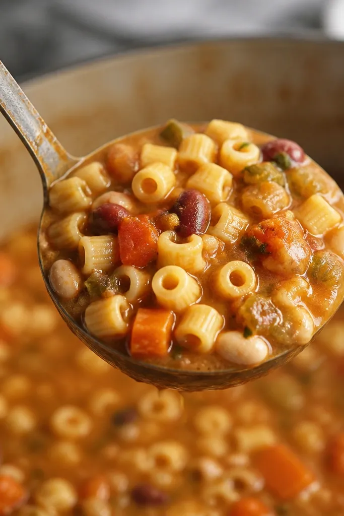 A ladle lifting pasta fagioli, showing short ditalini pieces coated in thick broth. Beans and a few vegetable bits cling to the pasta, and the background shows a simmering pot blurred.