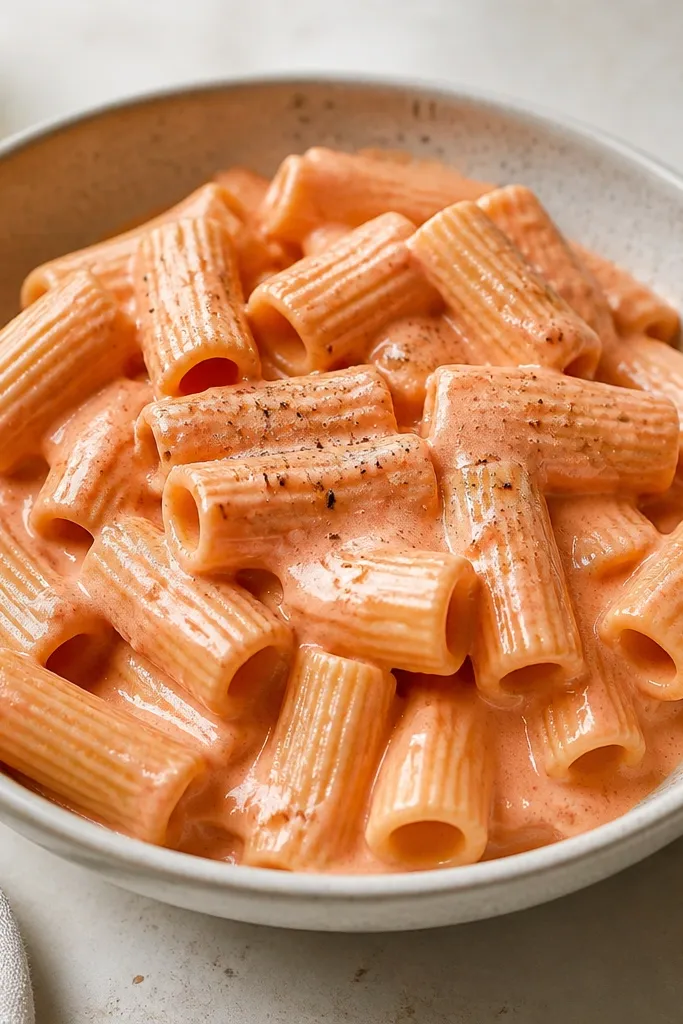 A bowl of rigatoni coated in a pale pink creamy vodka sauce, with glossy shine on the ridges and small flecks of black pepper on top.