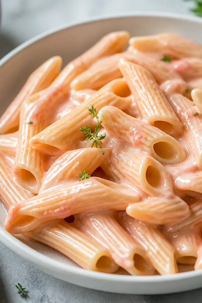 Penne rigate in a creamy sauce that looks lighter in the center of each piece, with slight pink tint visible around the edges.