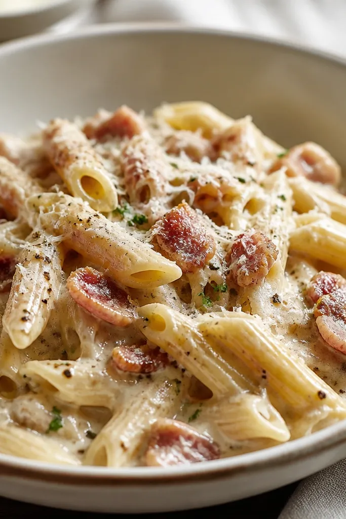 A creamy vodka pasta with visible bacon bits and tiny white cheese flecks melting into the sauce, with a few browned edges on the meat.