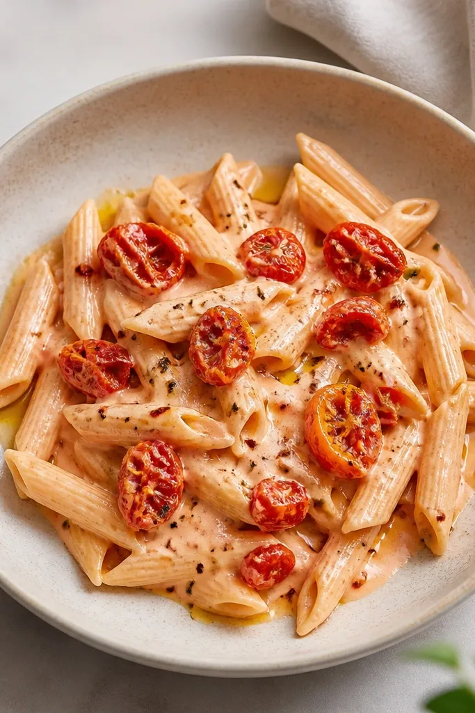A creamy pale pink vodka pasta without visible meat, topped with roasted tomato pieces and a drizzle of olive oil.