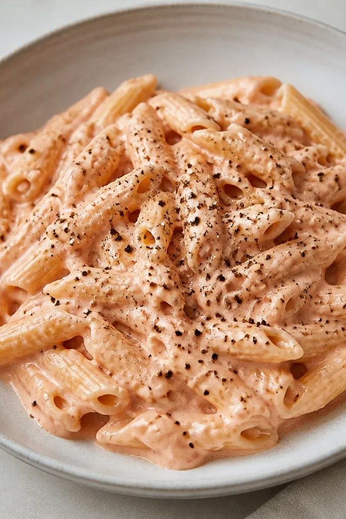 Creamy vodka pasta with a heavy sprinkle of cracked black pepper, showing dark specks against a pale pink sauce.