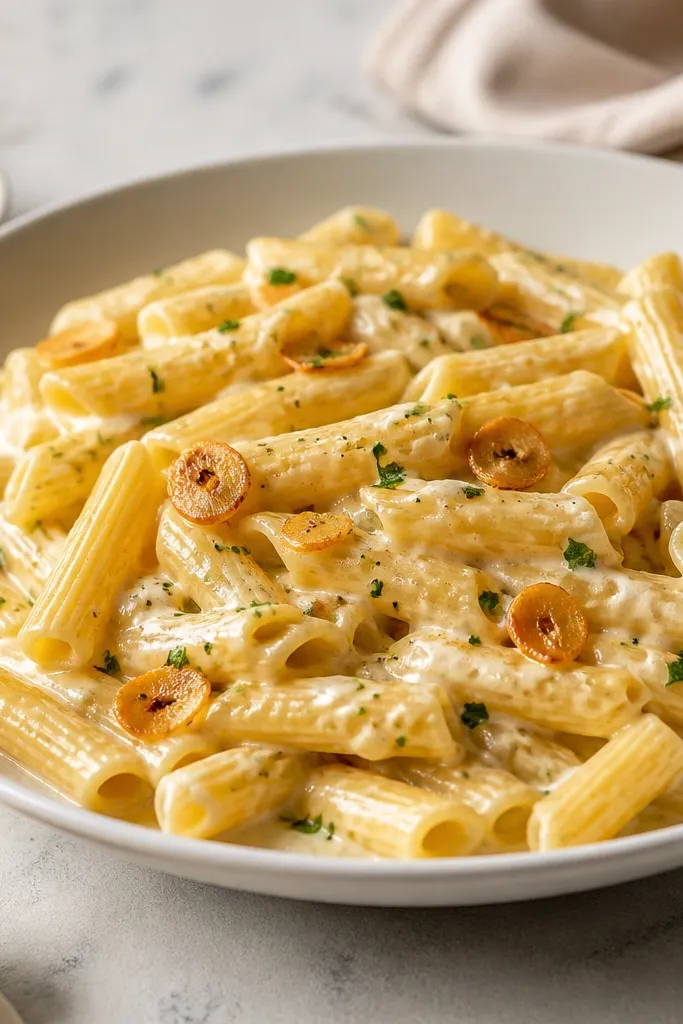 A creamy vodka pasta with a slightly yellow tint, glossy sauce, and visible garlic slices lightly golden.