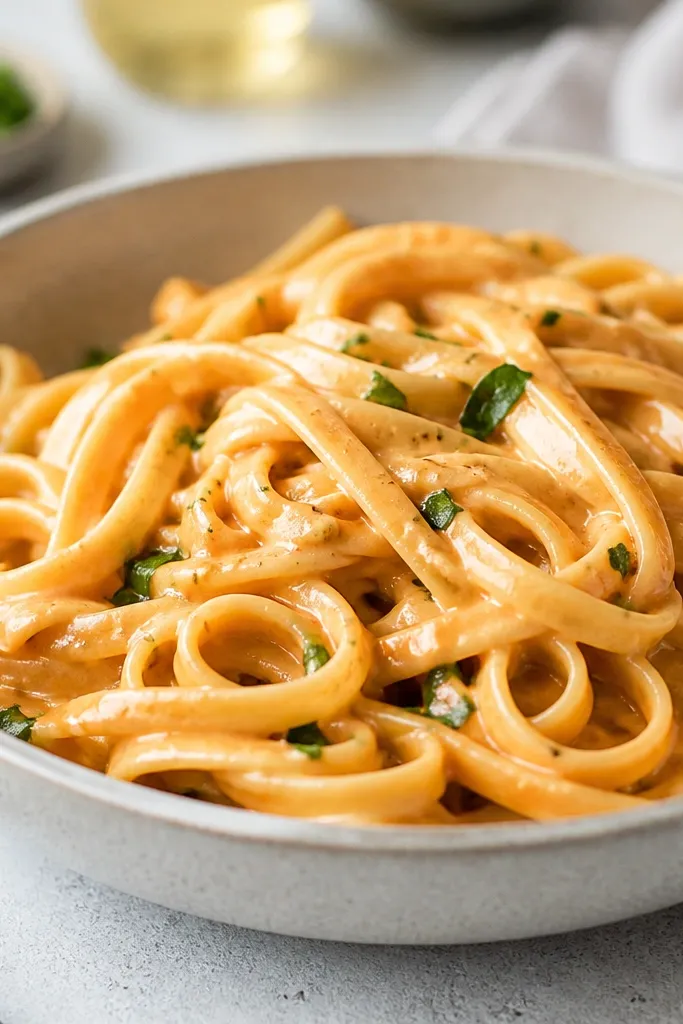 Pasta with a thin, smooth layer of cheese melted into the sauce, showing a glossy ribbon coating each noodle rather than thick clumps.