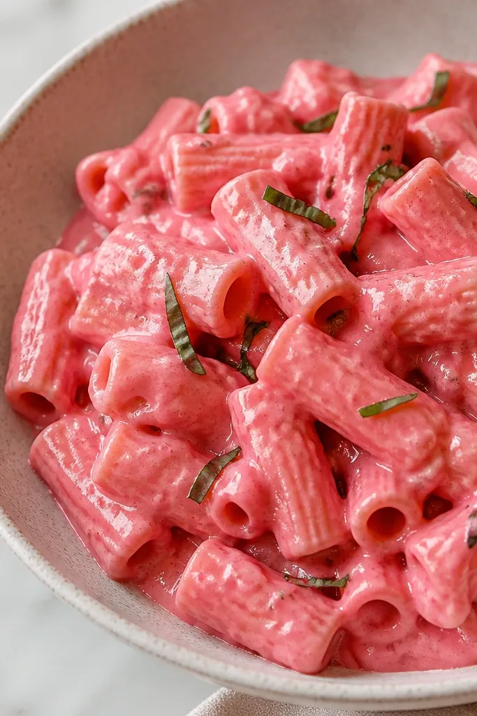 A more intensely pink vodka pasta, with a smooth creamy texture and a slightly thicker sauce that coats rigatoni evenly.