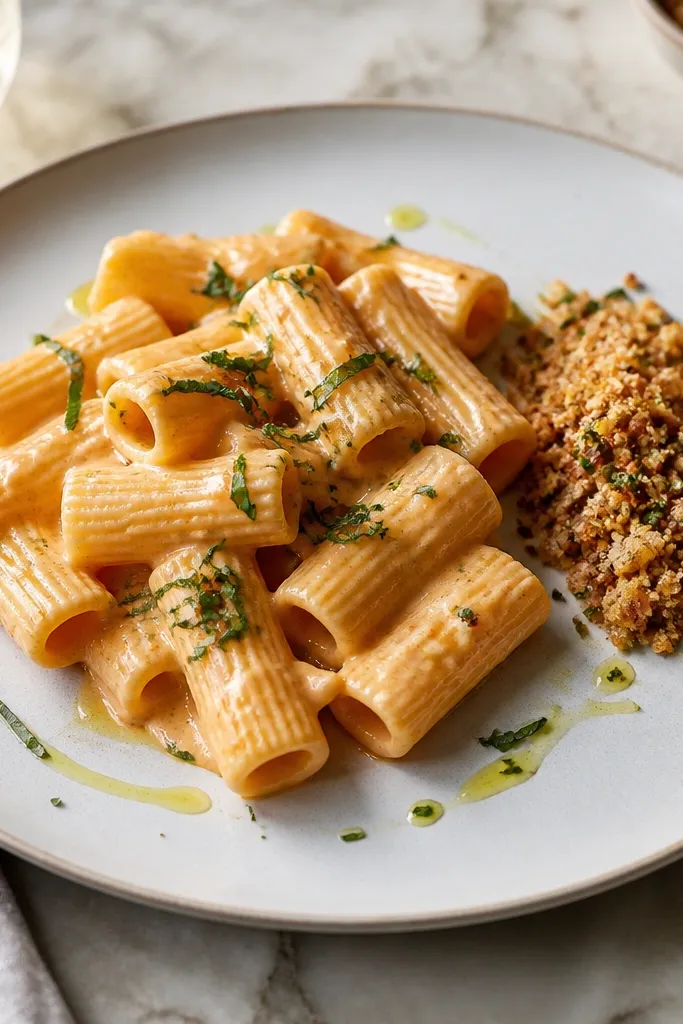 Creamy vodka pasta plated with a small separate pile of garlic breadcrumbs on the side, plus a drizzle of olive oil.