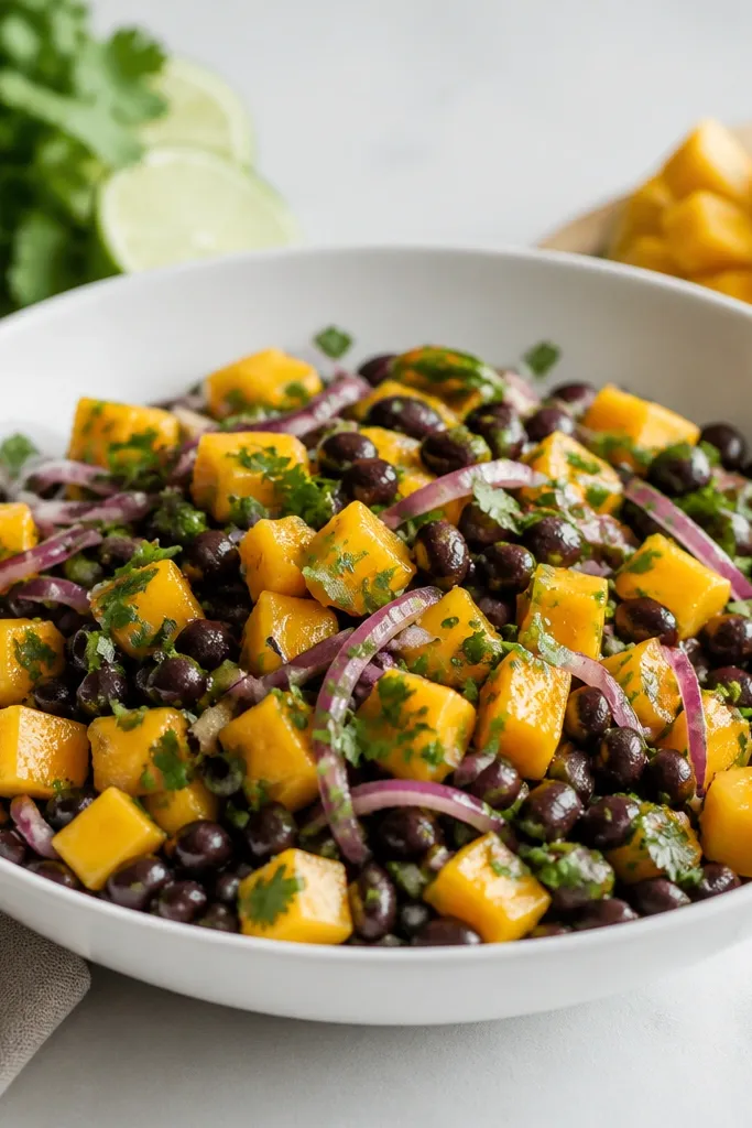 A wide, shallow white bowl filled with black bean mango salsa. Mango cubes are glossy and orange, black beans sit in clusters, and thin red onion ribbons and chopped cilantro are scattered on top.