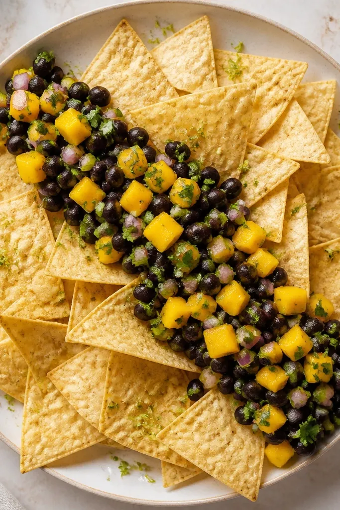 A plate of tortilla chips with a zigzag line of black bean mango salsa across the center. The salsa shows distinct mango pieces and bean dots, with cilantro sprinkled lightly and lime zest dusted at the edges.