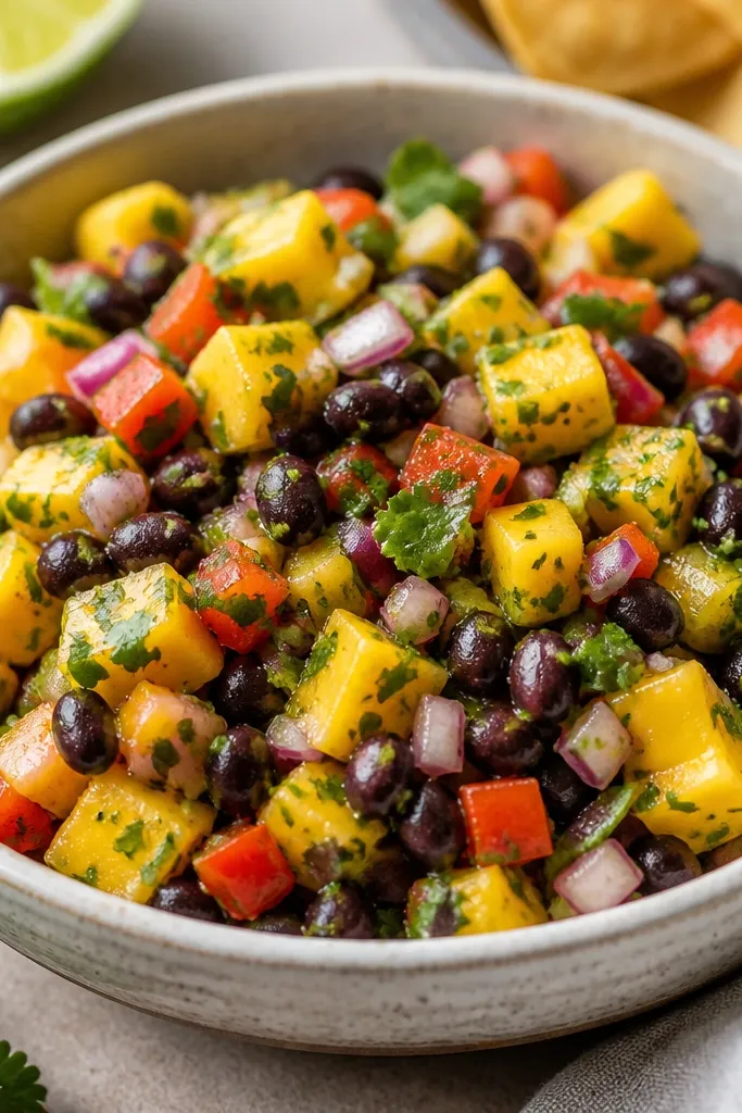 Salsa with visible cilantro leaves chopped into small pieces. The green flecks are distributed evenly, and you can still see mango cubes and black beans clearly underneath.