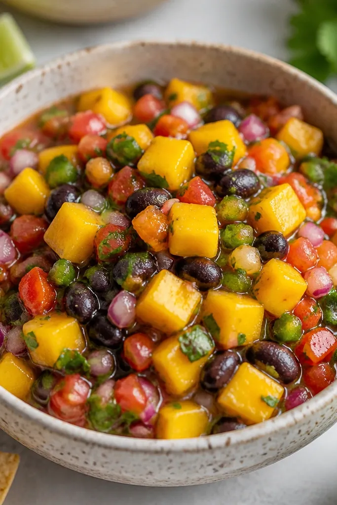 Salsa with tiny green jalapeno bits scattered evenly. You can see mango cubes and black beans, with jalapeno pieces adding a speckled green contrast.