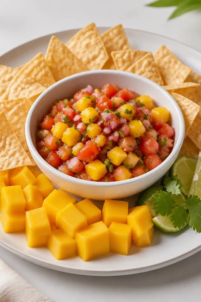 A serving platter with a clean border. Salsa sits in the center with no drips around the edges. Mango cubes look glossy, and there's no pooled liquid on the plate.