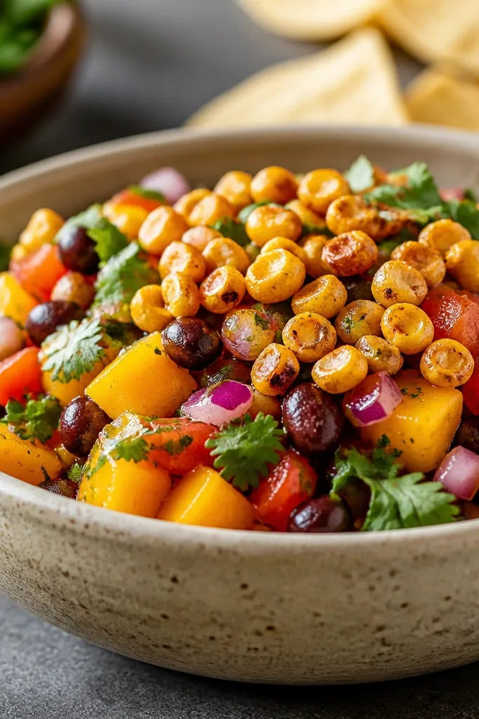 Salsa topped with a small scatter of golden toasted corn kernels. The corn sits on top of mango cubes and black beans, with cilantro and onion still visible.