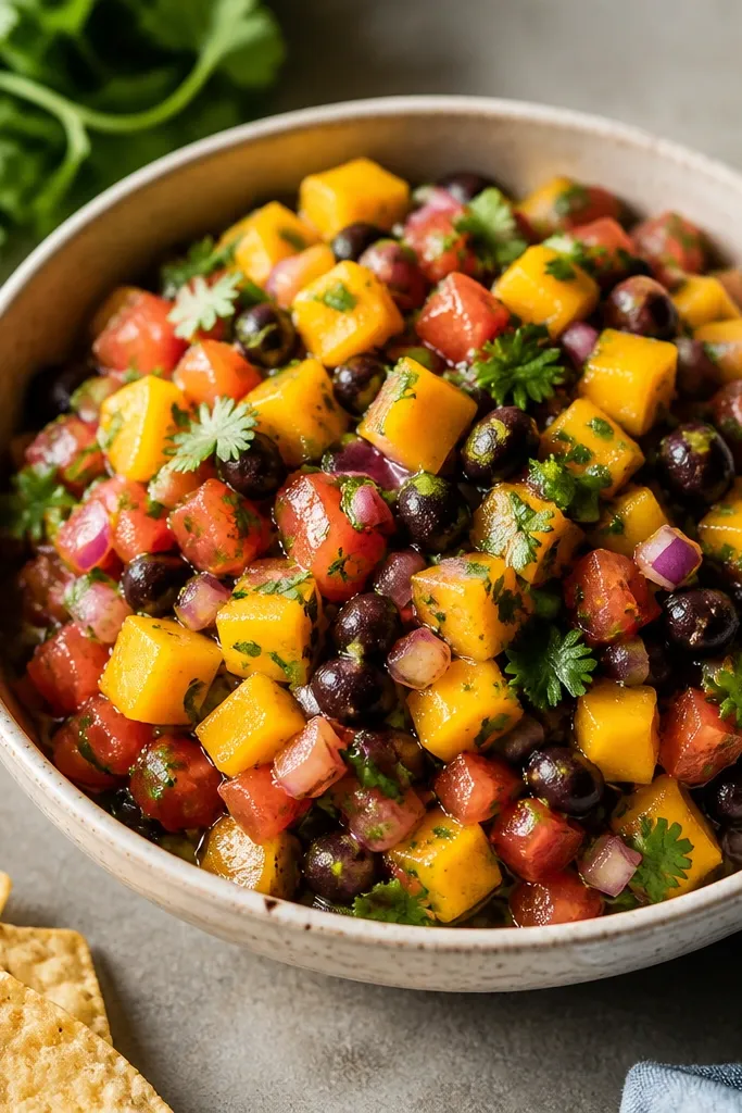 Salsa with small tomato pieces mixed in. The surface has red tomato bits, orange mango, black beans, and green cilantro, all visible and not blended into one color.
