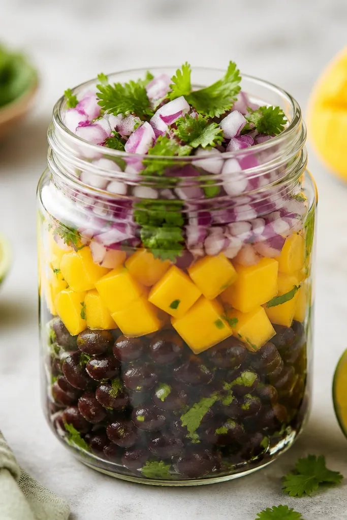 A clear glass jar with salsa layered: bottom layer of black beans and lime, middle layer of mango cubes, top layer of red onion and cilantro. The layers are visible through the jar walls.