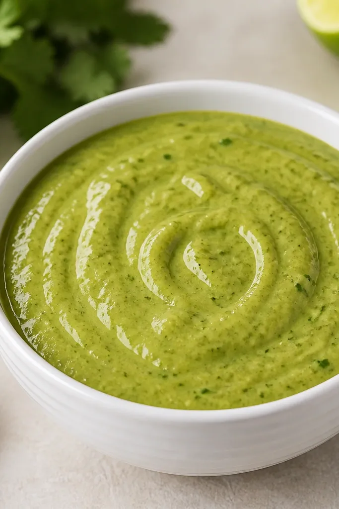 A white ceramic bowl filled with thick, creamy green salsa verde. The surface has a smooth glossy swirl with a few tiny flecks of cilantro and visible avocado sheen.