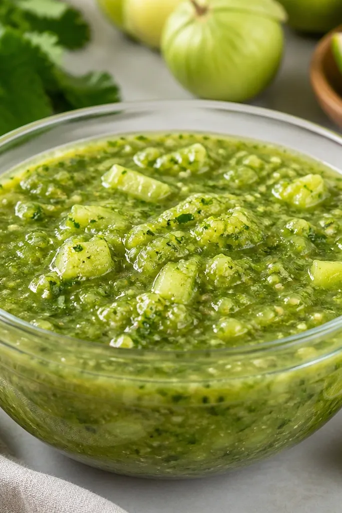 A glass bowl of salsa verde with visible chopped tomatillos and small avocado chunks. The color is bright green with darker flecks of herbs.