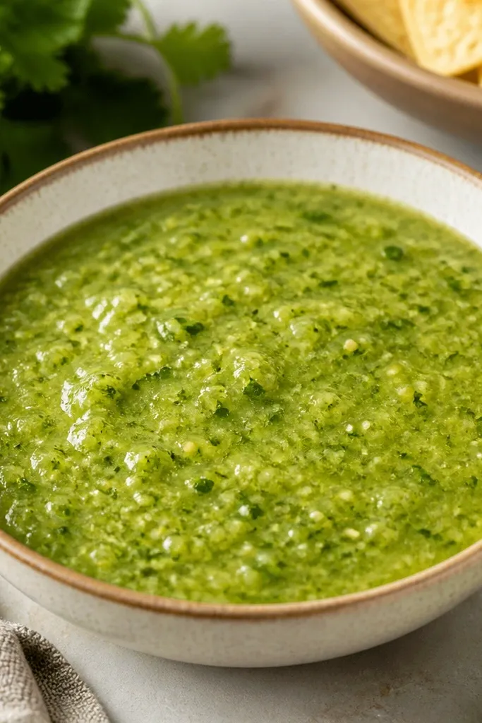 A bowl of green salsa with darker green cilantro specks and lighter green avocado base. The surface has a speckled pattern, not uniform paint.