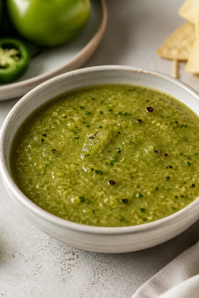 A small bowl of salsa verde with thin streaks of darker green and tiny char specks. The texture is smooth with a few visible jalapeño bits.