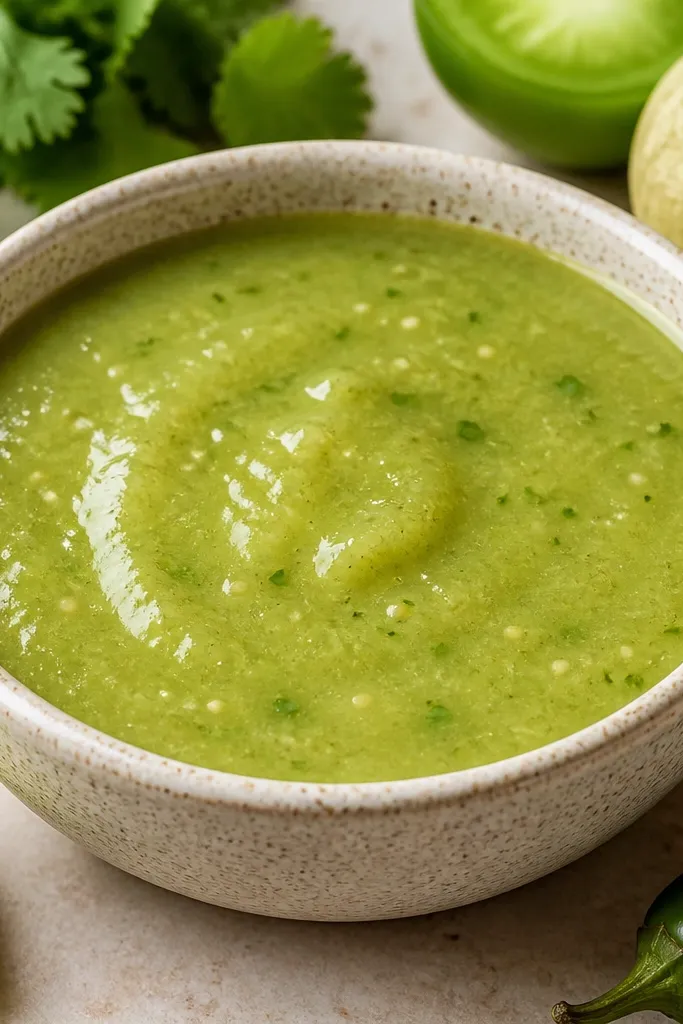 A bowl of pale-to-medium green salsa with a slightly glossy top and a light citrus shine. The surface looks smooth and freshly mixed.