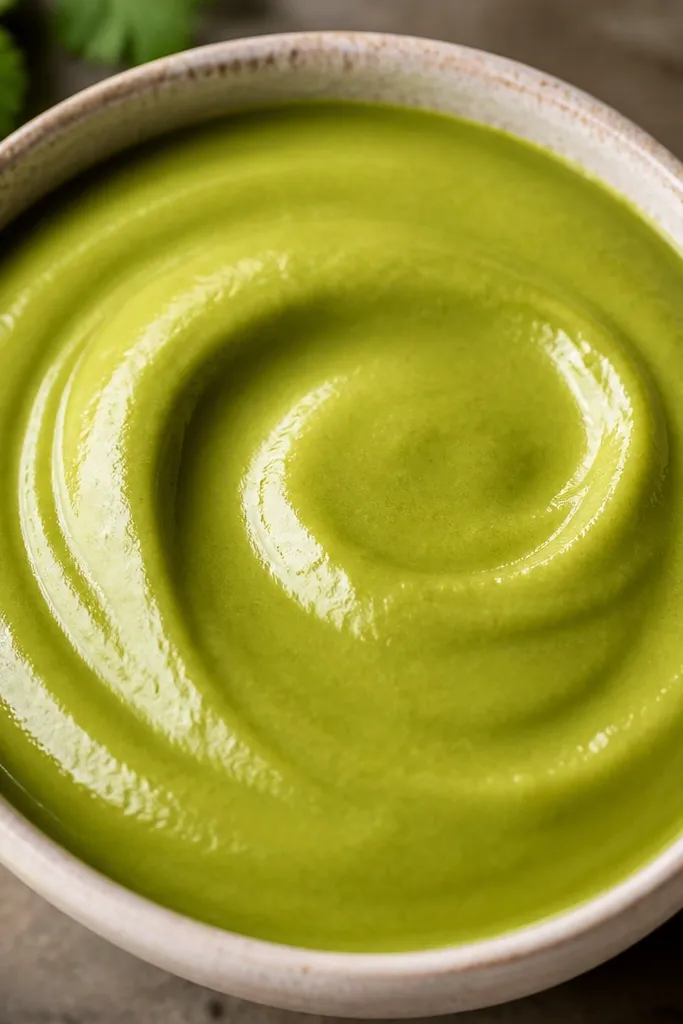 A close-up of salsa verde that looks like thick mousse, perfectly smooth with no visible chunks. The color is uniform green with a glossy finish.