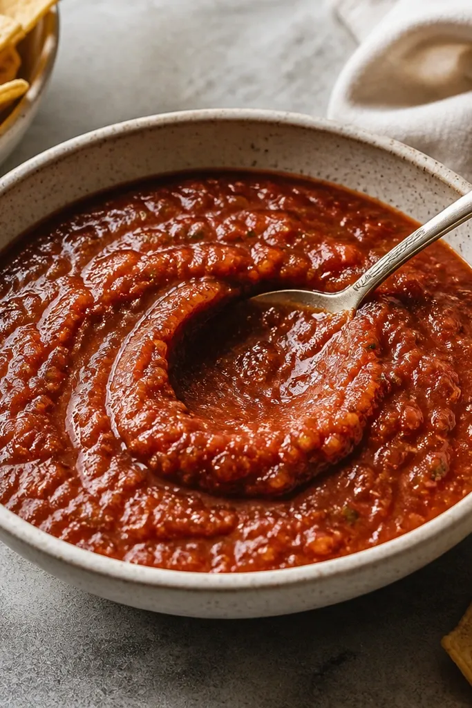A bowl where the salsa holds a spoon shape for a second before settling. The surface looks thick, glossy, and slightly textured.