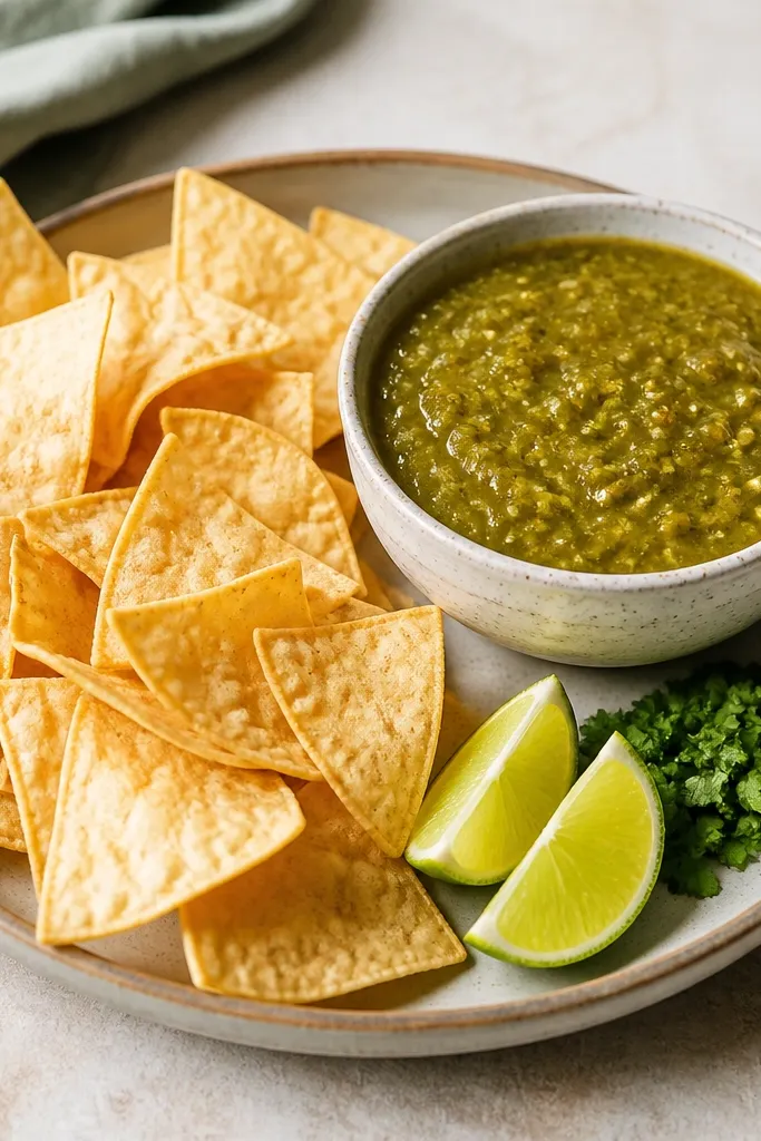 A serving tray with chips on one side and a bowl of salsa verde on the other. Two lime wedges and a small pile of chopped cilantro sit beside the bowl.
