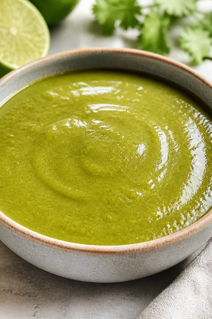 A bowl of salsa verde with a slightly mellow green tone and a very glossy surface. No chunks are visible, but the texture looks thick and creamy.