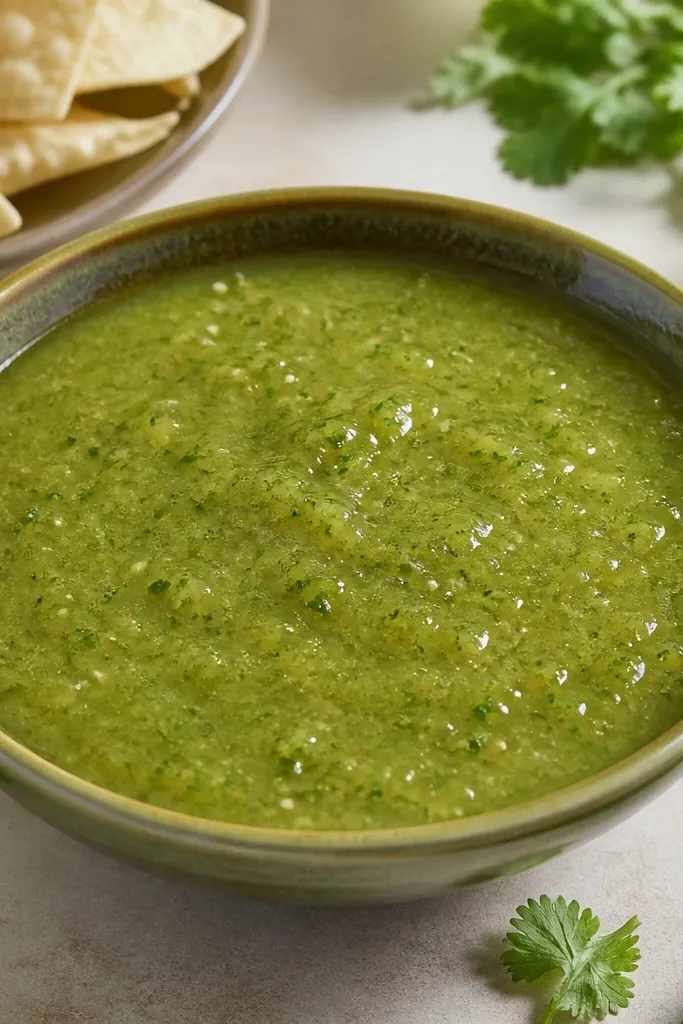 A bowl of salsa verde with a slightly darker green rim and a glossy center. The salsa looks thick and creamy with fine herb specks.