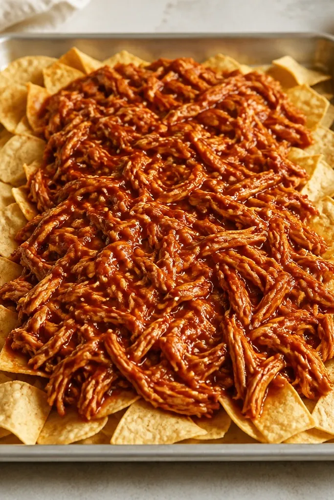 A wide aluminum sheet pan filled with a single even layer of thick tortilla chips, topped with a mound of glossy shredded BBQ chicken in a bright reddish-brown ridge, with visible chip edges around it.