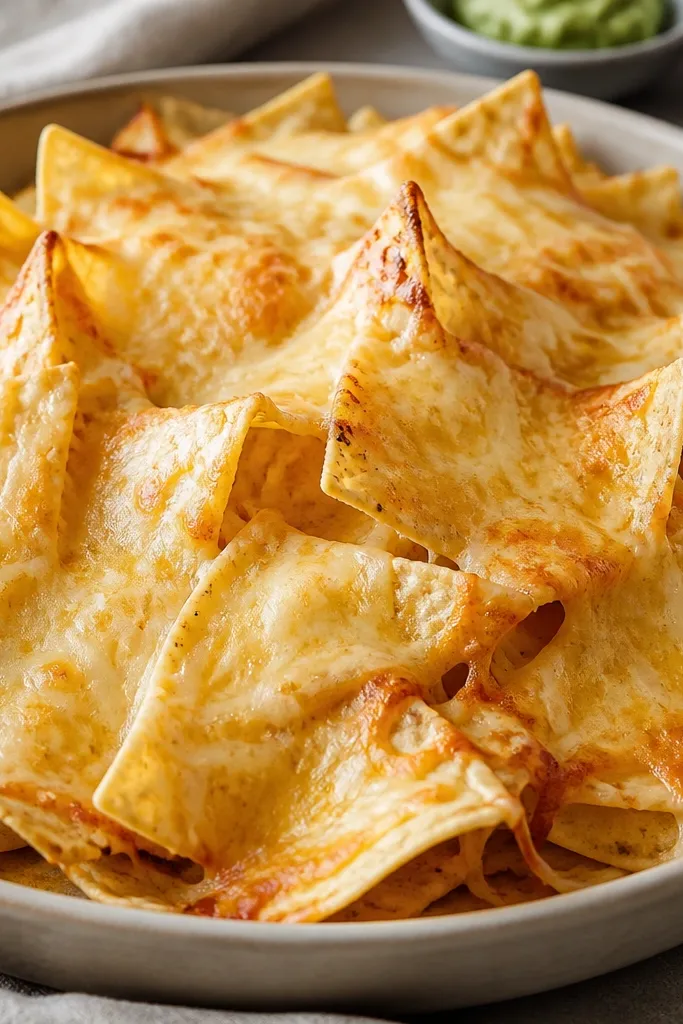Nachos covered with a thin, uneven layer of shredded cheese - pale cheddar melting with some darker browned edges - plus a few visible chip peaks showing through.