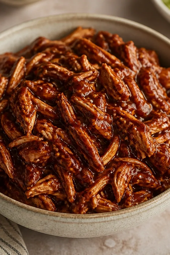A bowl of BBQ chicken coated in a dark reddish sauce with visible shredded chicken strands, speckled with tiny red-brown spice grains.