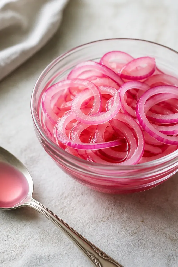 A small glass bowl of thinly sliced red onions tinted pink, next to a spoon of liquid brine, with visible onion curls.