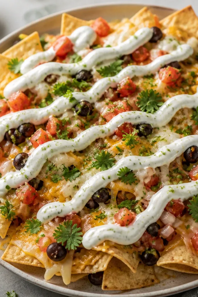 A white sour cream mixture with green flecks of cilantro and a few lime zest bits, swirled in a zigzag pattern over nachos.