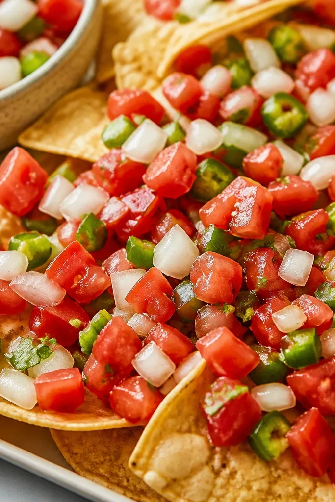A bowl of diced tomatoes, white onion, and green jalapeño with bright red and green colors, with a glossy sheen from lime juice, scattered over nachos.
