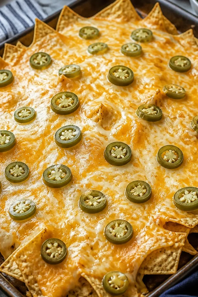 Nachos topped with small round jalapeño slices - green coins with pale centers - scattered evenly across the cheese.