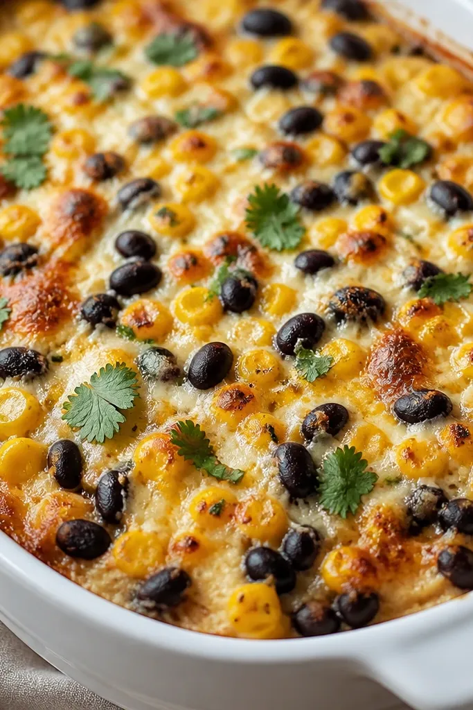 A mix of golden corn kernels and dark black beans sprinkled across the top layer, with some kernels catching browned cheese spots.