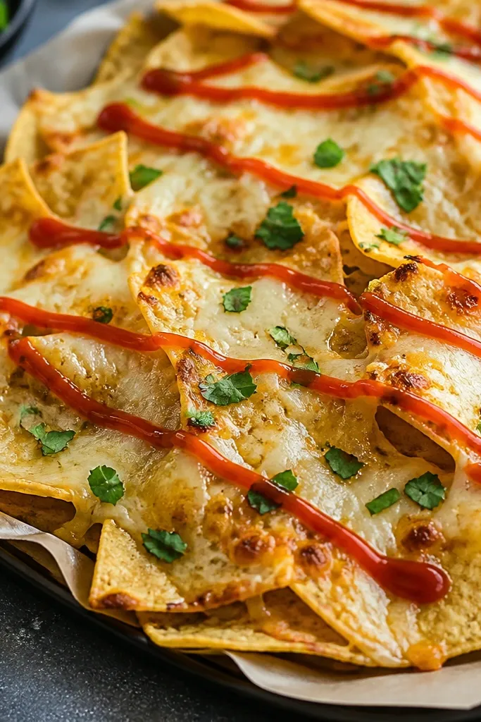 A thin zigzag of hot sauce in red over nachos, with chopped green herbs and visible cheese bubbles beneath.