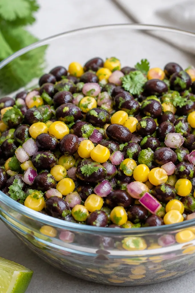 A clear glass bowl filled with chunky salsa: glossy black beans, bright yellow corn kernels, small red onion bits, and green cilantro scattered on top. Lime wedges sit at the edge of the photo.