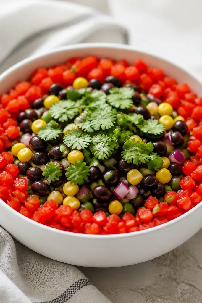 A white bowl of black bean corn salsa with a ring of finely diced red bell pepper around the top edge, plus cilantro leaves sprinkled in the center.