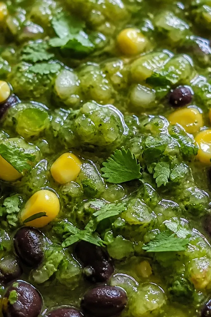 Close-up of salsa with a glossy lime-green cilantro layer on top, scattered with corn kernels and black beans visible underneath.