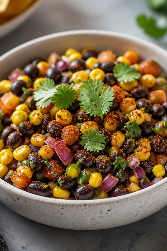 A bowl of black bean corn salsa with visible reddish-brown specks throughout, topped with a few cilantro leaves and a dusting of chili powder.