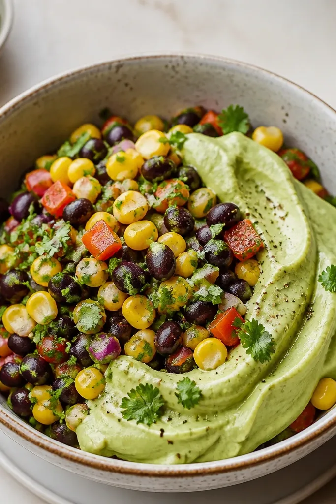 Black bean corn salsa in a bowl with a pale green avocado cream swirl along one side, with black beans and corn still clearly visible.