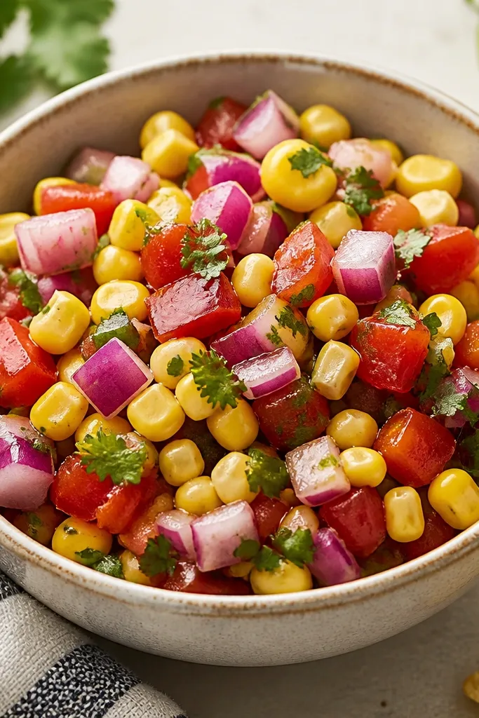 A bowl of salsa where red onion pieces look glossy and bright, with cilantro scattered and corn kernels shining.